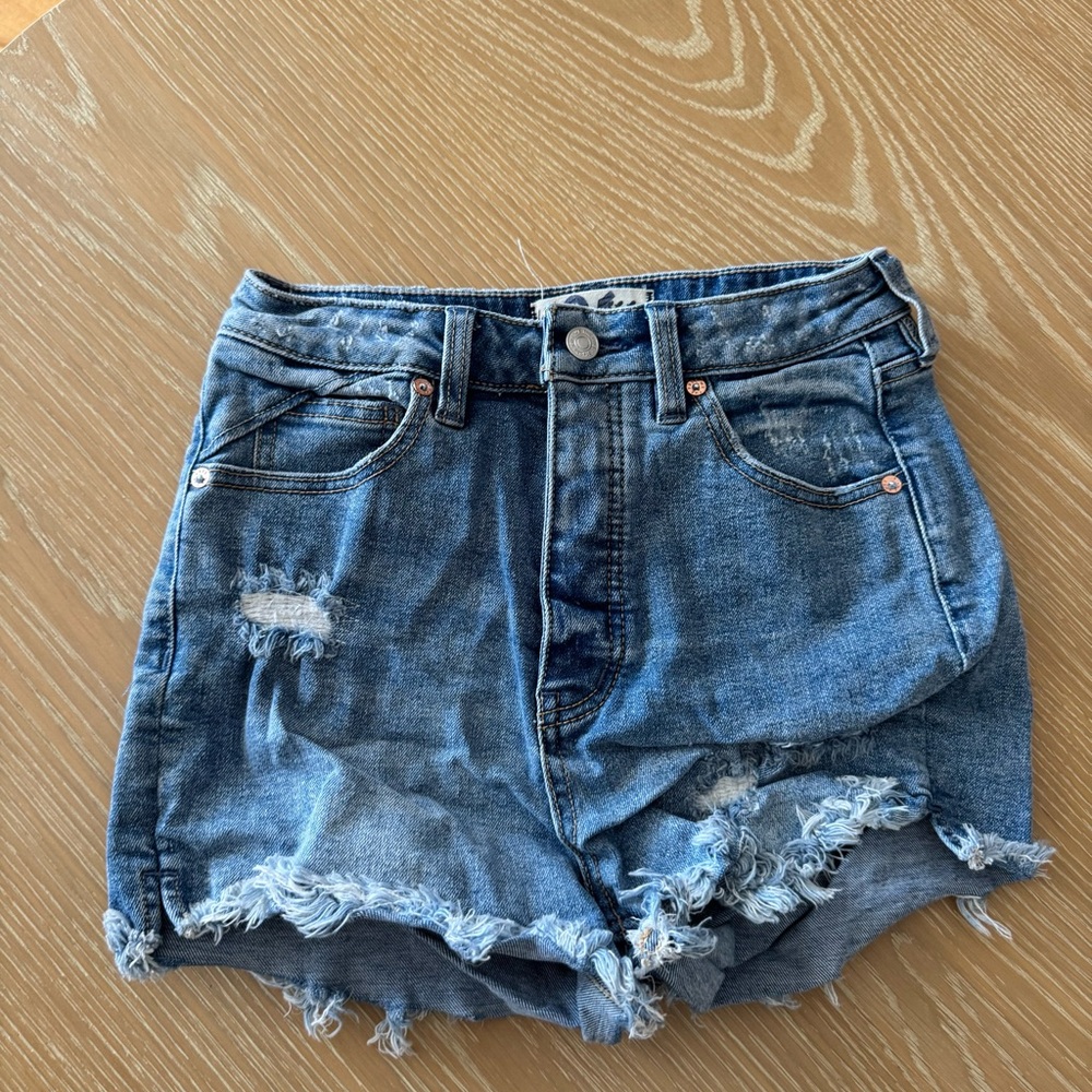 Free People Blue Distressed Jean Shorts High-Waisted